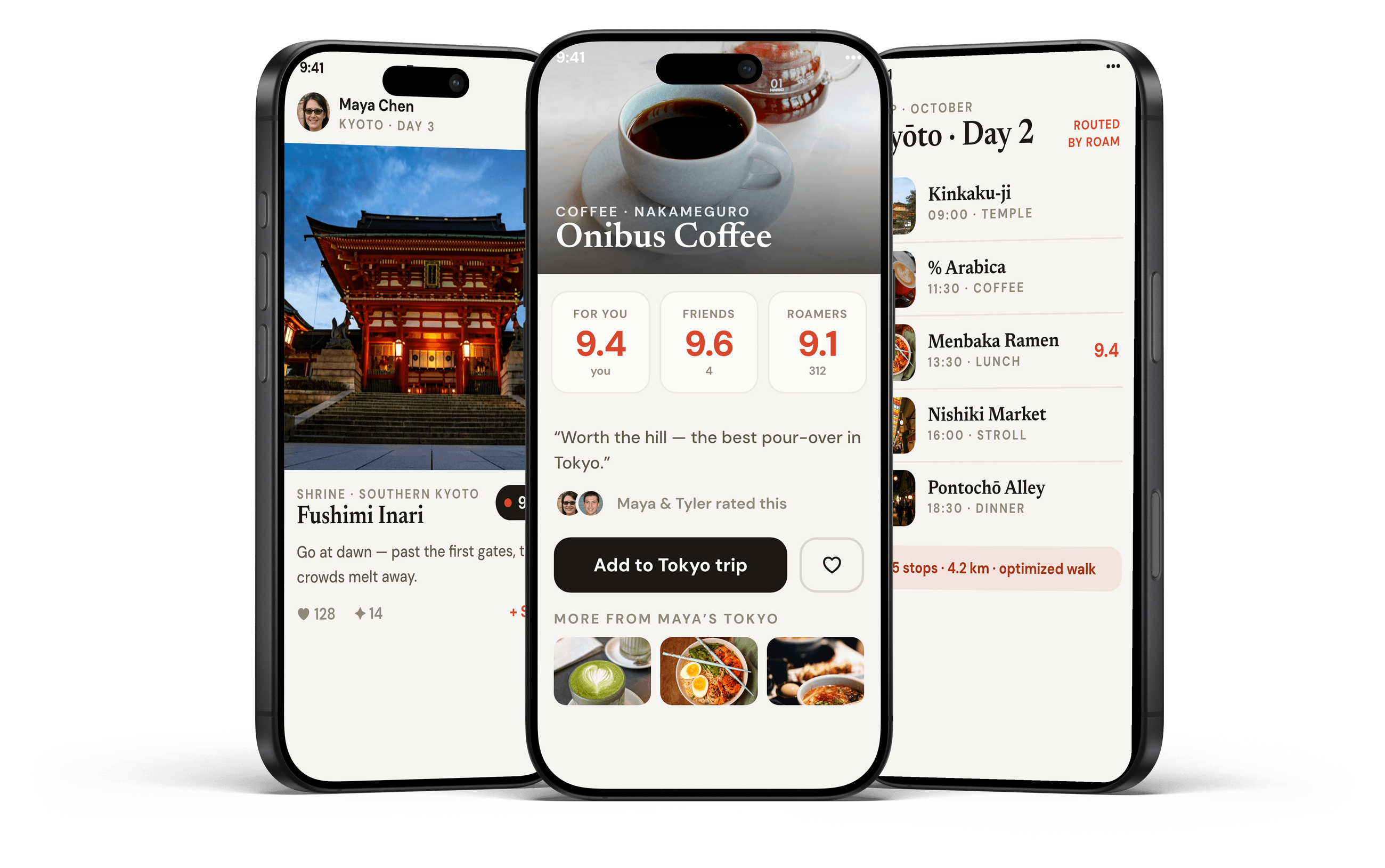 The Roam app shown on three iPhones
