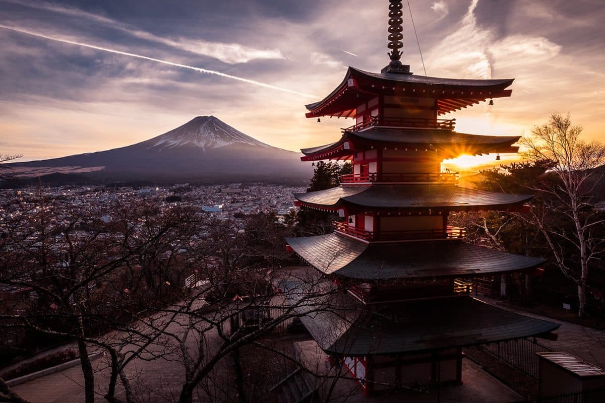 Chureito Pagoda and Mount Fuji at sunset, Japan